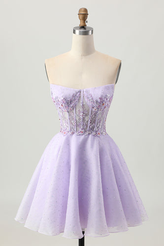 Sparkly Lilac Short Strapless Corset Homecoming Dress with Beading