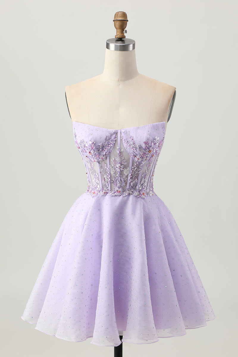 Load image into Gallery viewer, Sparkly Lilac Short Strapless Corset Homecoming Dress with Beading