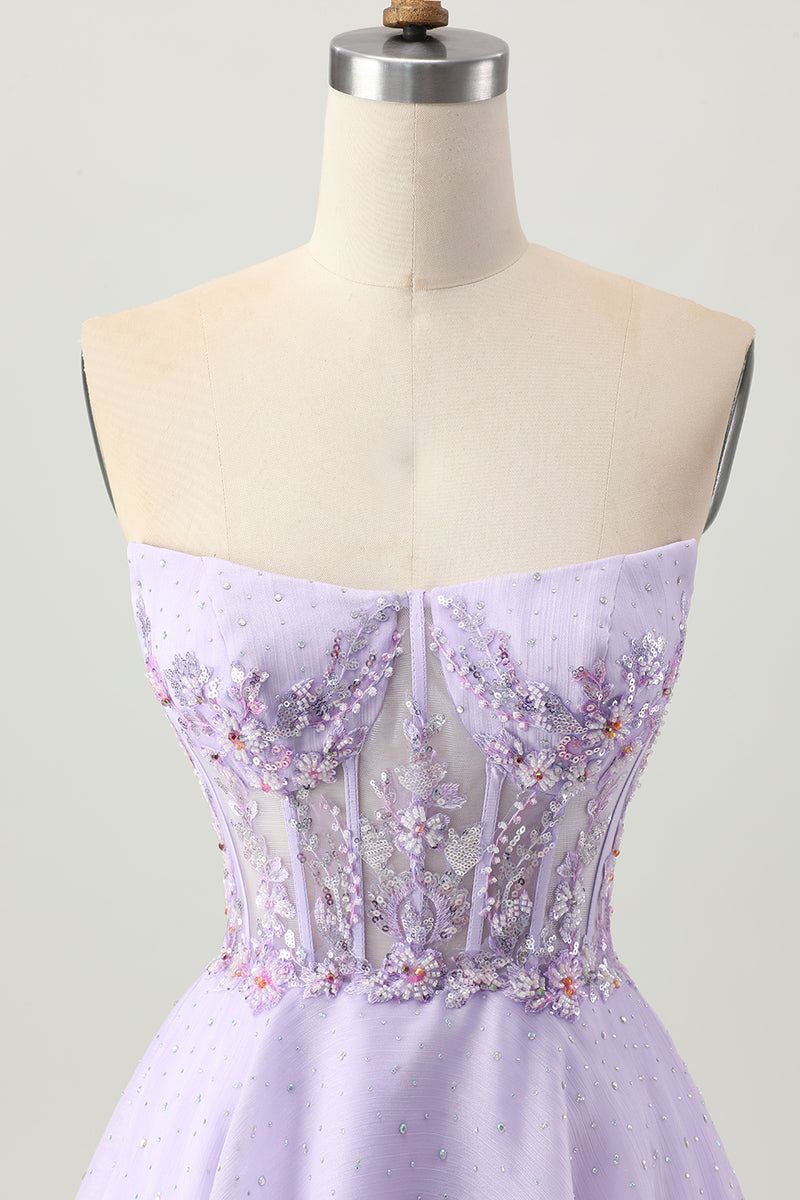 Load image into Gallery viewer, Sparkly Lilac Short Strapless Corset Homecoming Dress with Beading