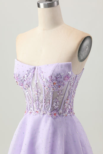 Sparkly Lilac Short Strapless Corset Homecoming Dress with Beading