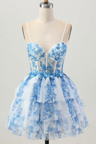 White Blue Floral A Line Tiered Short Corset Prom Dress