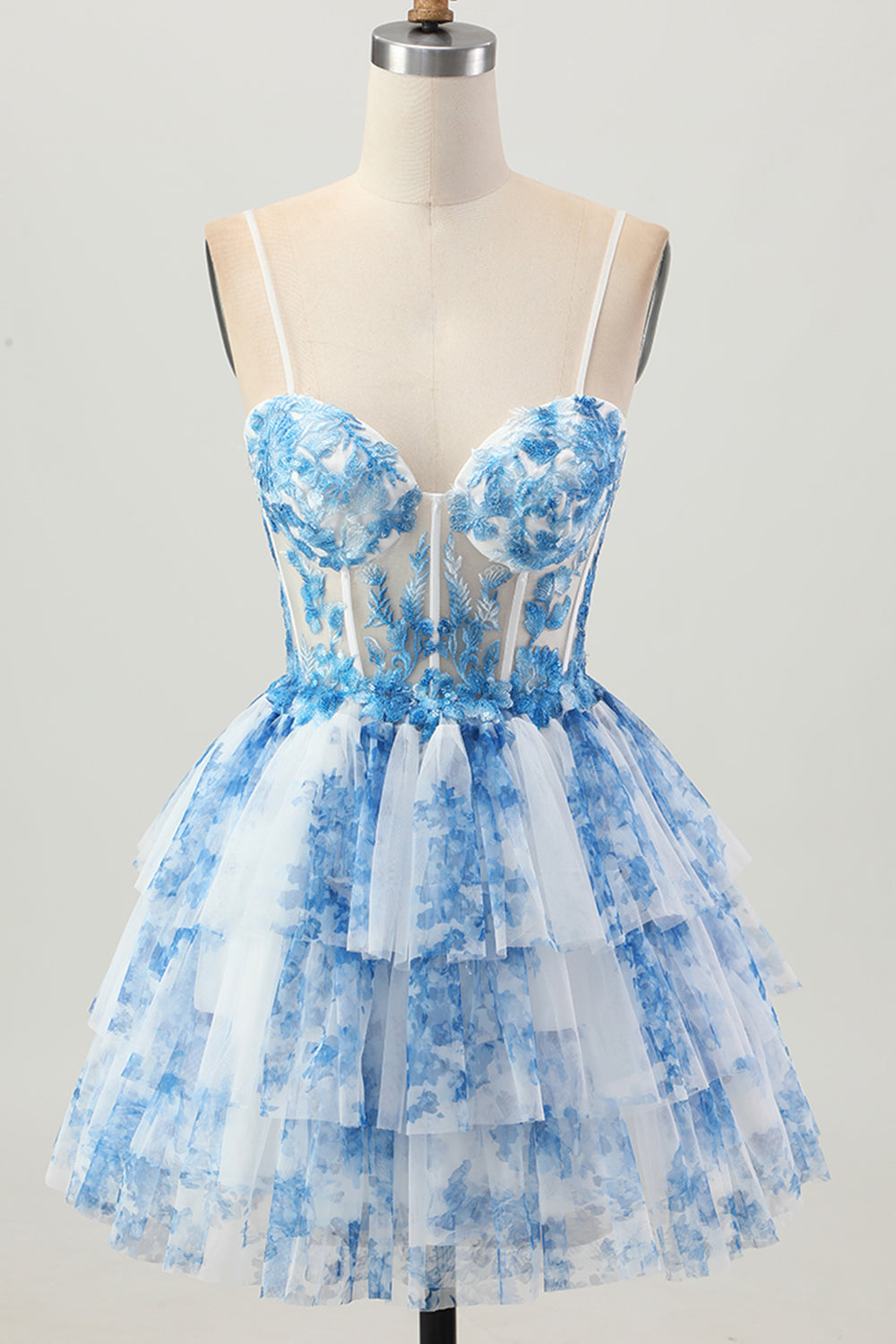 White Blue Floral A Line Tiered Short Corset Prom Dress