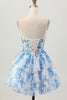 Load image into Gallery viewer, White Blue Floral A Line Tiered Short Corset Prom Dress