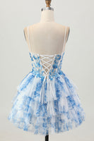 Load image into Gallery viewer, White Blue Floral A Line Tiered Short Corset Prom Dress