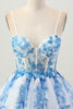 Load image into Gallery viewer, White Blue Floral A Line Tiered Short Corset Prom Dress
