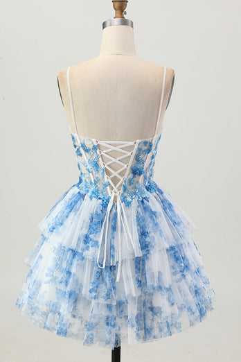 White Blue Floral A Line Tiered Short Corset Prom Dress