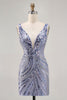 Load image into Gallery viewer, Sparkly Lilac Tight V-Neck Short Beaded Prom Dress