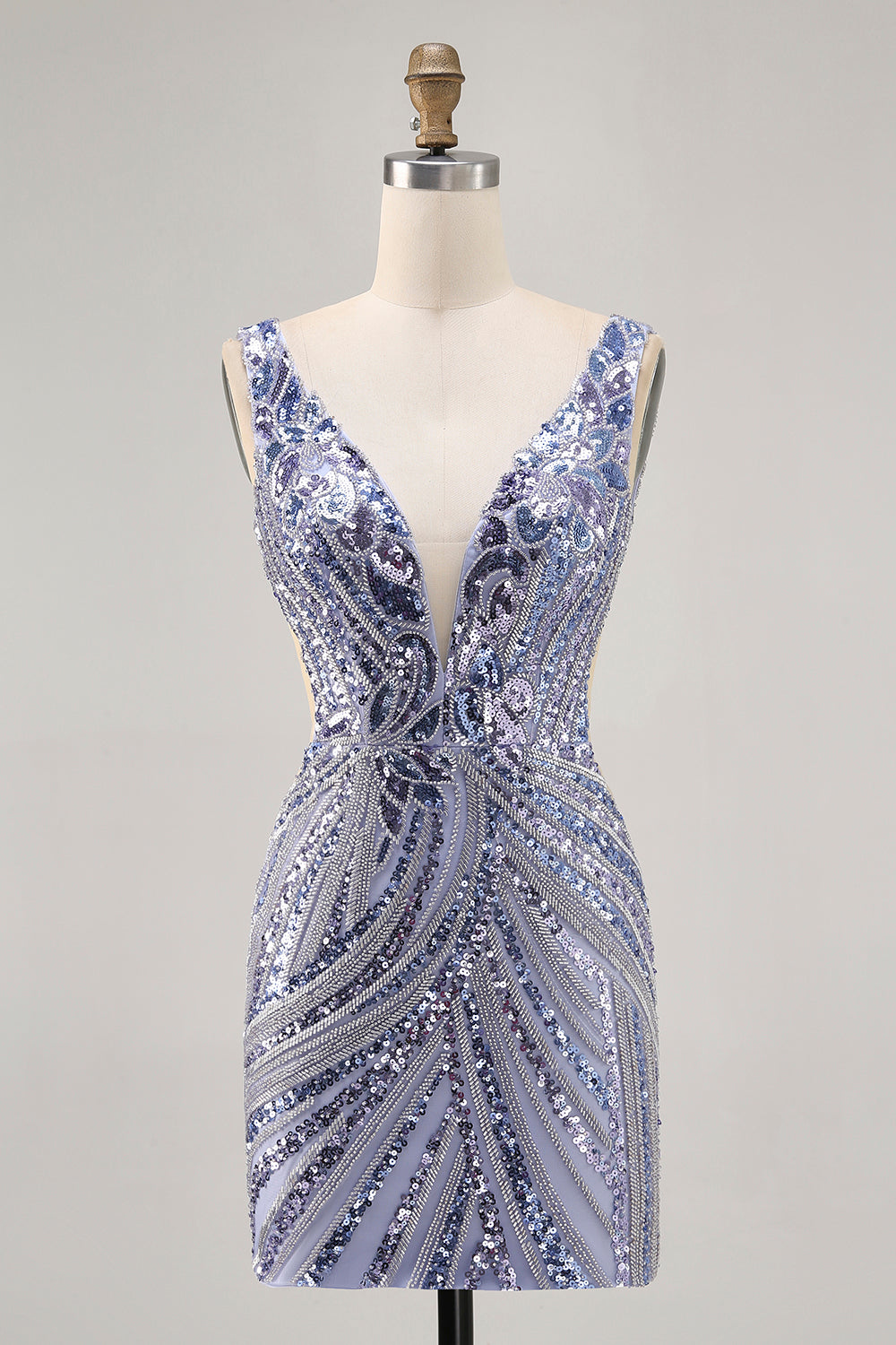 Sparkly Lilac Tight V-Neck Short Beaded Prom Dress