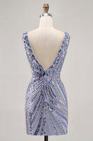 Load image into Gallery viewer, Sparkly Lilac Tight V-Neck Short Beaded Prom Dress