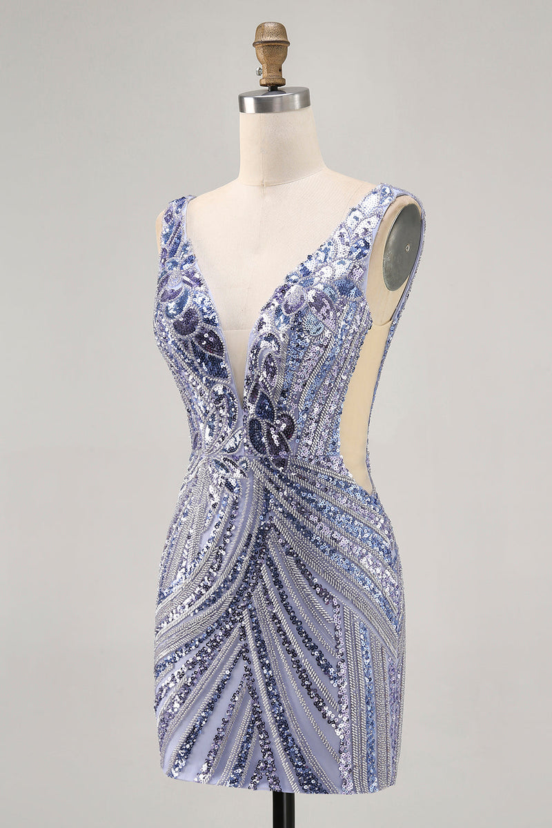 Load image into Gallery viewer, Sparkly Lilac Tight V-Neck Short Beaded Prom Dress