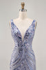 Load image into Gallery viewer, Sparkly Lilac Tight V-Neck Short Beaded Prom Dress