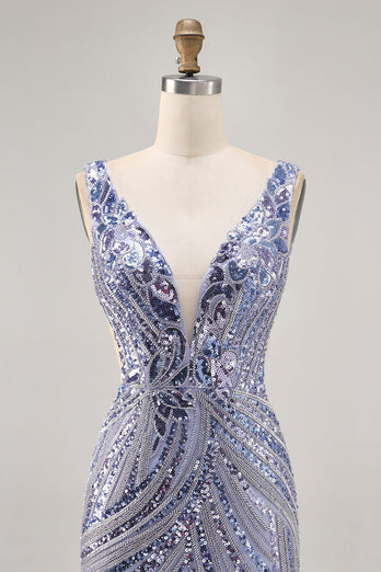 Sparkly Lilac Tight V-Neck Short Beaded Prom Dress