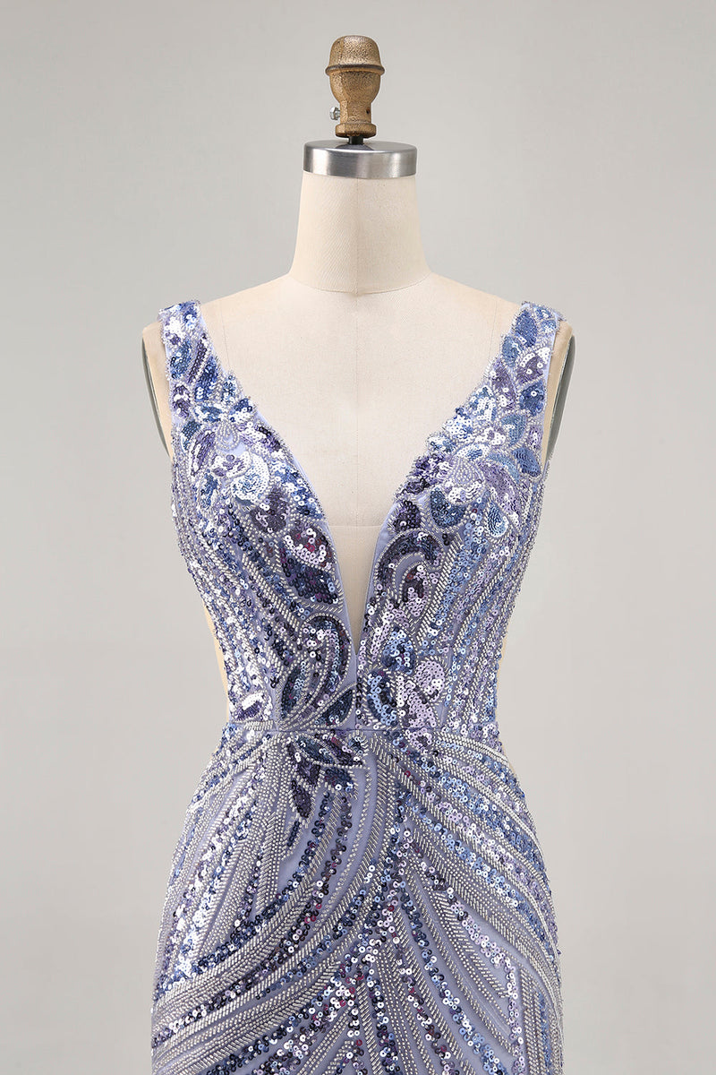 Load image into Gallery viewer, Sparkly Lilac Tight V-Neck Short Beaded Prom Dress