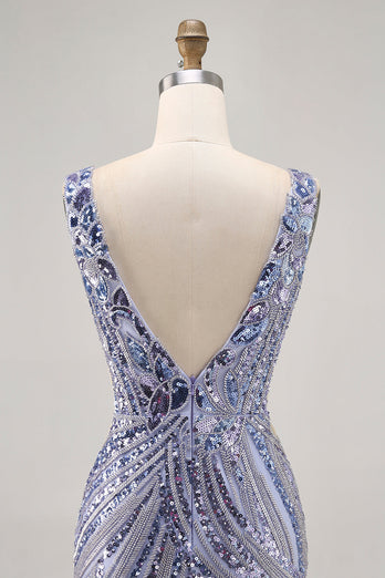 Sparkly Lilac Tight V-Neck Short Beaded Prom Dress