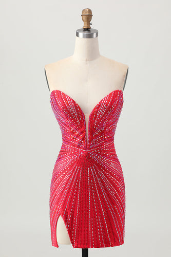 Sparkly Red Beaded Tight Short Prom Dress with Slit