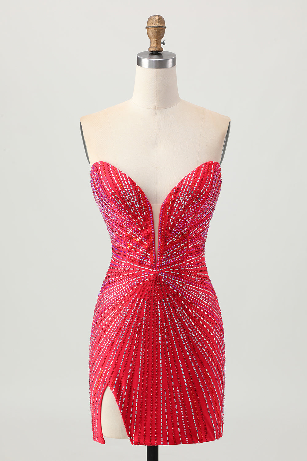 Sparkly Red Beaded Tight Short Prom Dress with Slit