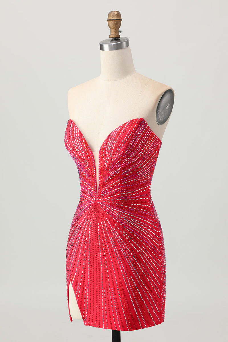 Load image into Gallery viewer, Sparkly Red Beaded Tight Short Prom Dress with Slit