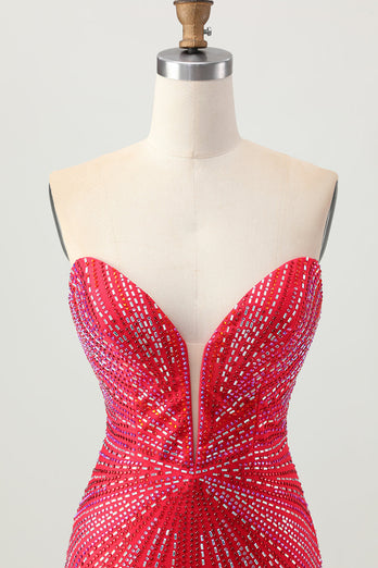 Sparkly Red Beaded Tight Short Prom Dress with Slit