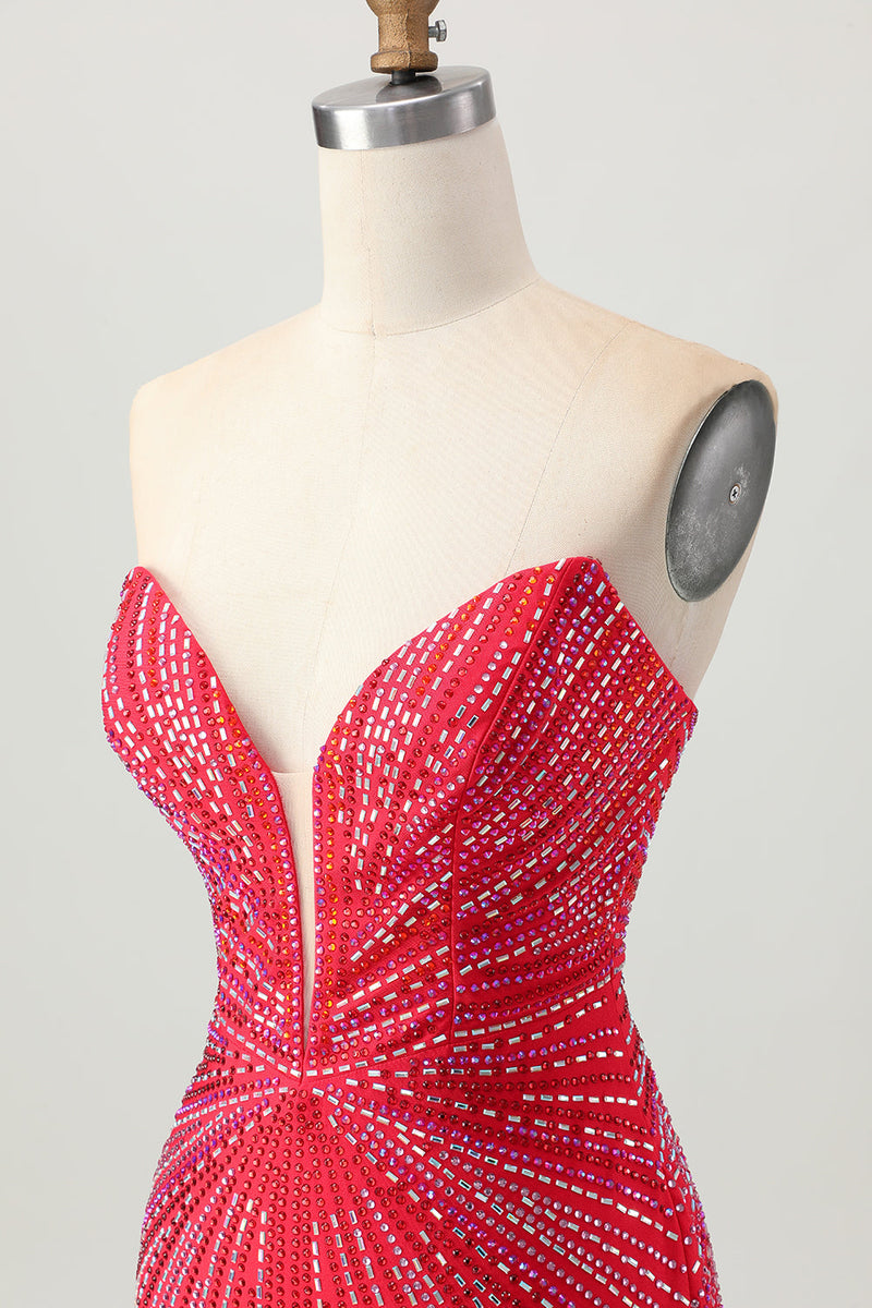 Load image into Gallery viewer, Sparkly Red Beaded Tight Short Prom Dress with Slit
