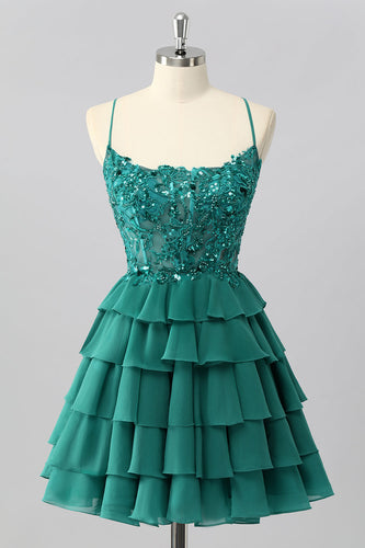Sparkly Dark Green Tiered Short Corset Prom Dress with Beading