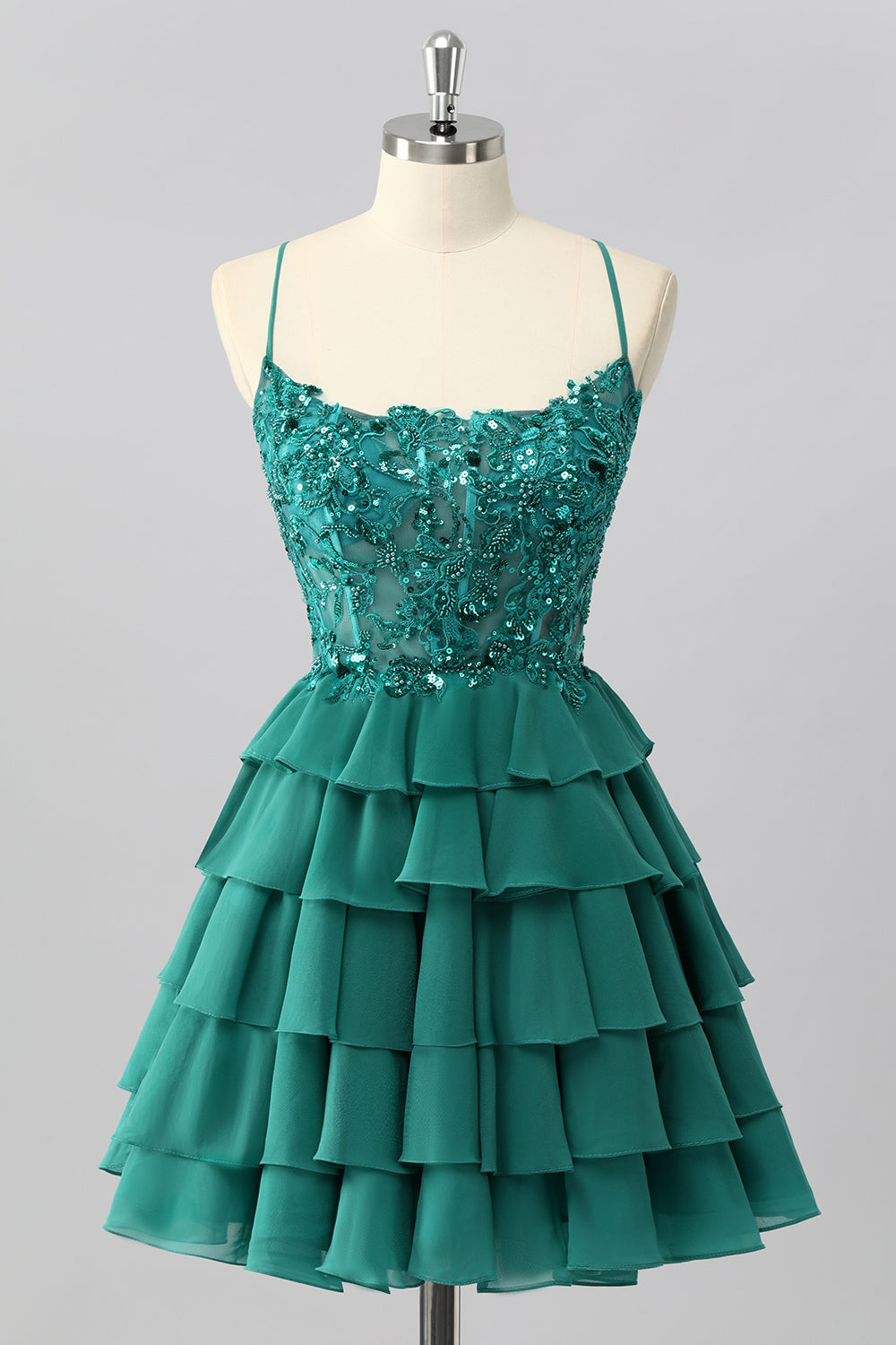 Sparkly Dark Green Tiered Short Corset Prom Dress with Beading