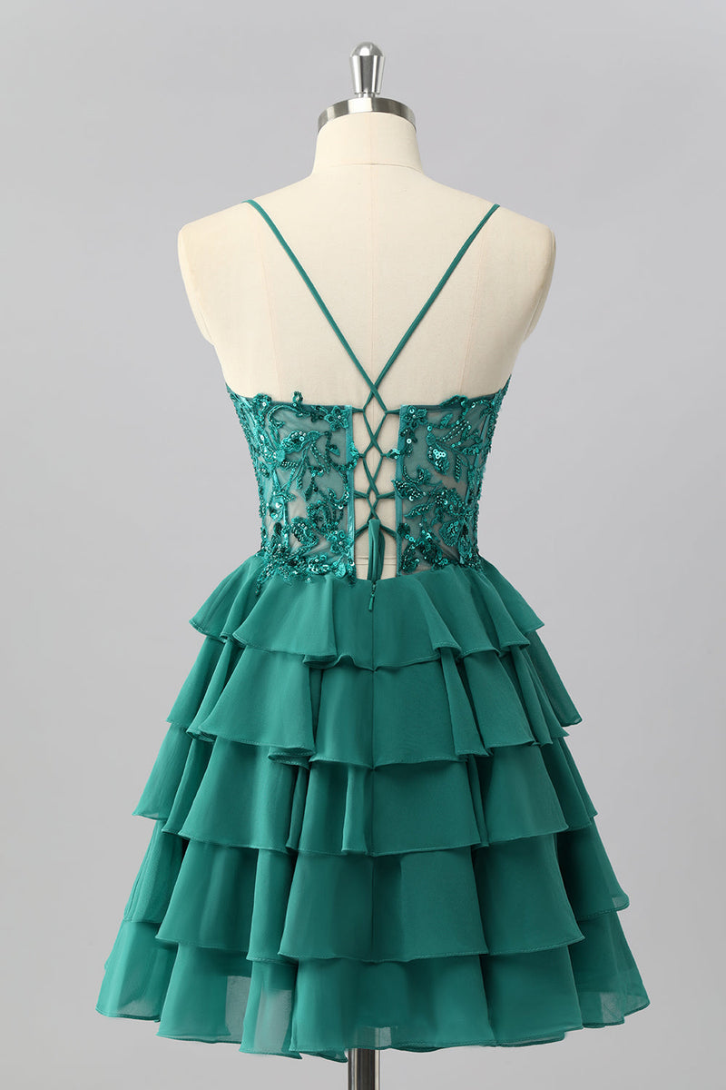 Load image into Gallery viewer, Sparkly Dark Green Tiered Short Corset Prom Dress with Beading
