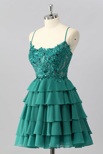 Sparkly Dark Green Tiered Short Corset Prom Dress with Beading