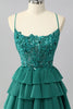 Load image into Gallery viewer, Sparkly Dark Green Tiered Short Corset Prom Dress with Beading