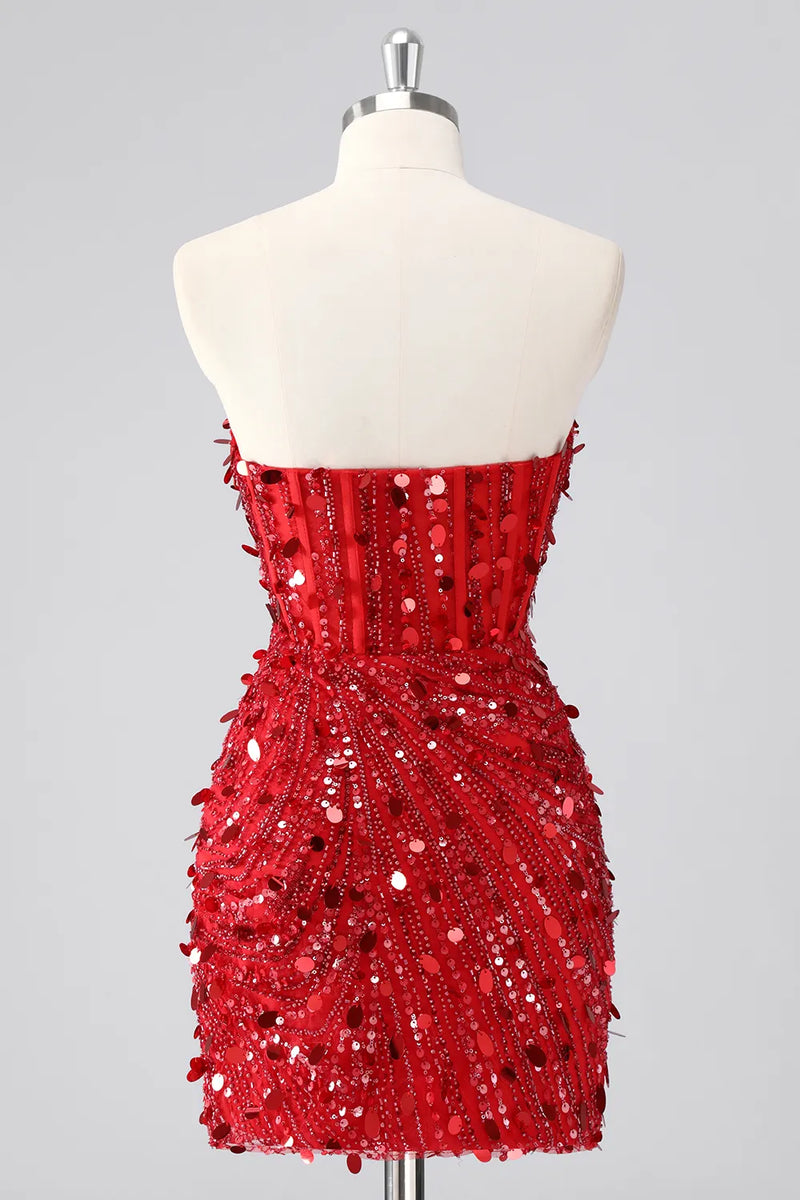 Load image into Gallery viewer, Sparkly Red Sweetheart Tight Short Corset Sequin Prom Dress