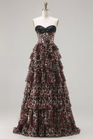 Load image into Gallery viewer, Brown Leopard Tiered A Line Sweetheart Long Corset Prom Dress