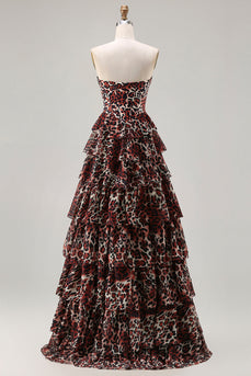Brown Leopard Tiered A Line Sweetheart Long Corset Prom Dress