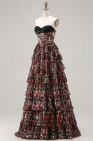 Load image into Gallery viewer, Brown Leopard Tiered A Line Sweetheart Long Corset Prom Dress