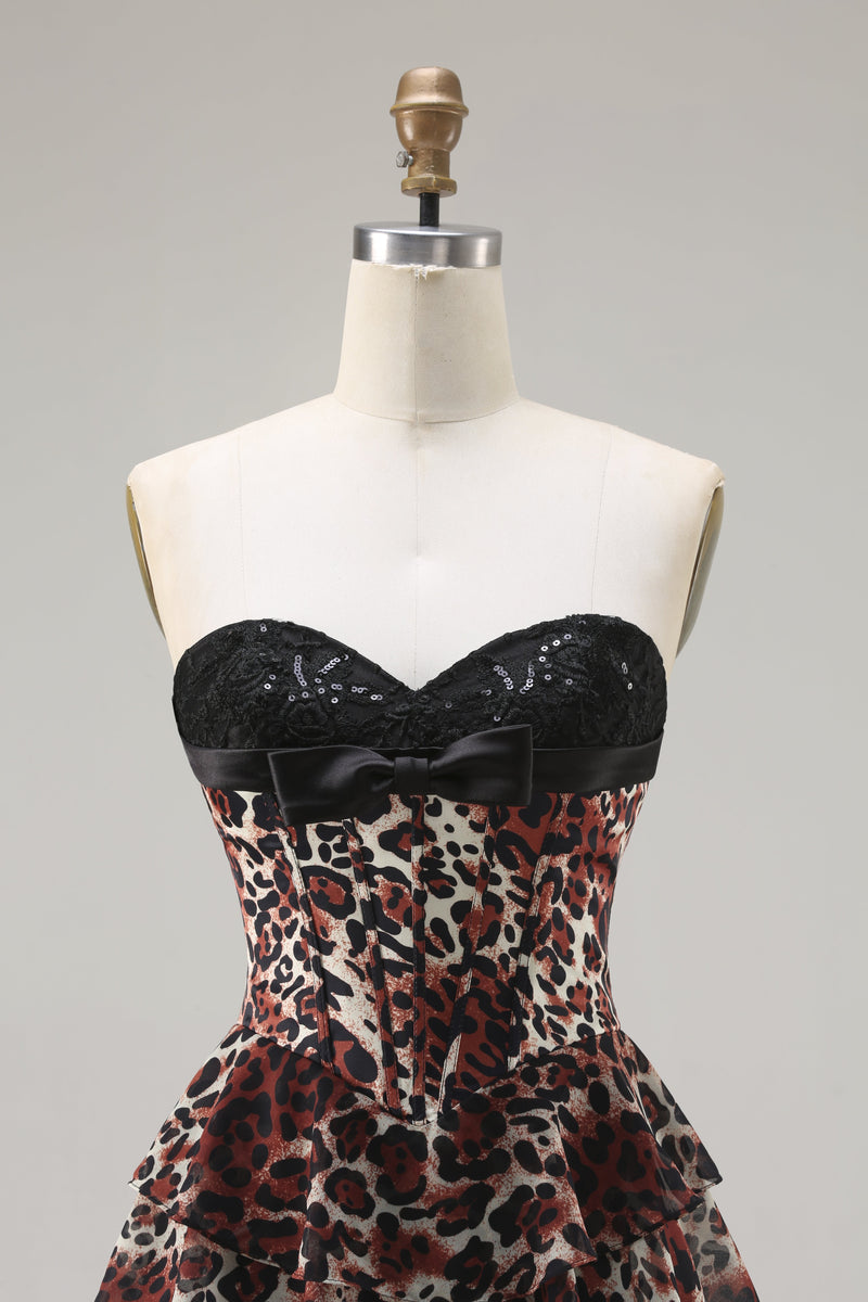Load image into Gallery viewer, Brown Leopard Tiered A Line Sweetheart Long Corset Prom Dress