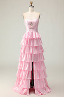 Load image into Gallery viewer, Sparkly Pink Strapless Ruffled Maxi Prom Dress with Keyhole