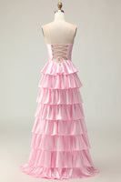 Load image into Gallery viewer, Sparkly Pink Strapless Ruffled Maxi Prom Dress with Keyhole