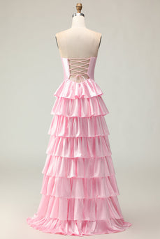 Sparkly Pink Strapless Ruffled Maxi Prom Dress with Keyhole