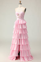 Load image into Gallery viewer, Sparkly Pink Strapless Ruffled Maxi Prom Dress with Keyhole