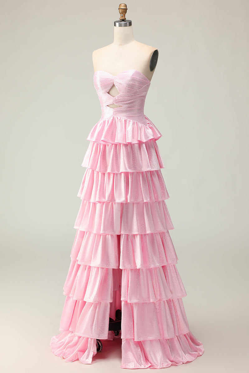 Load image into Gallery viewer, Sparkly Pink Strapless Ruffled Maxi Prom Dress with Keyhole