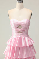 Load image into Gallery viewer, Sparkly Pink Strapless Ruffled Maxi Prom Dress with Keyhole