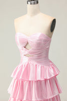 Load image into Gallery viewer, Sparkly Pink Strapless Ruffled Maxi Prom Dress with Keyhole