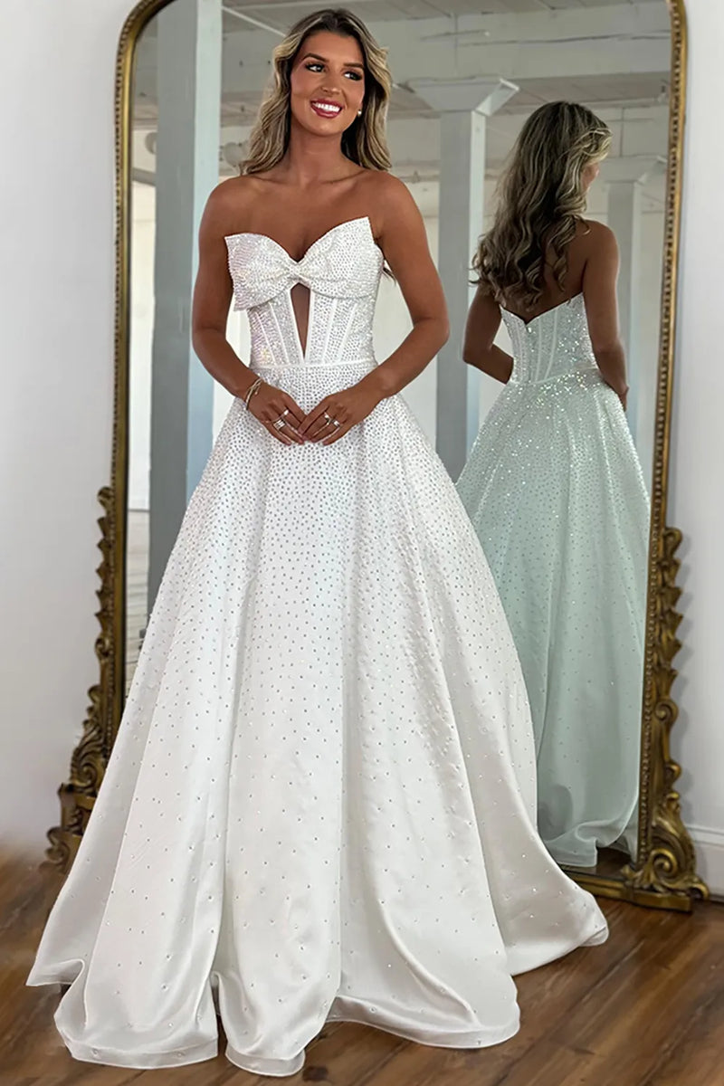Load image into Gallery viewer, Princess Sparkly White Ball Gown Long Prom Dress with Beadings