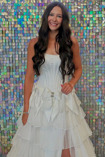 Blue Ruffled Strapless A-Line Long Corset Prom Dress with Bows