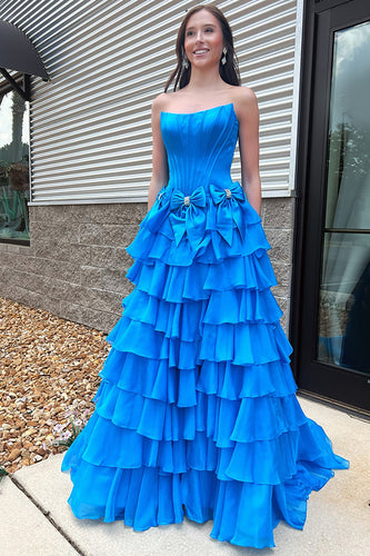 Blue Ruffled Strapless A-Line Long Corset Prom Dress with Bows