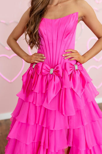 Blue Ruffled Strapless A-Line Long Corset Prom Dress with Bows