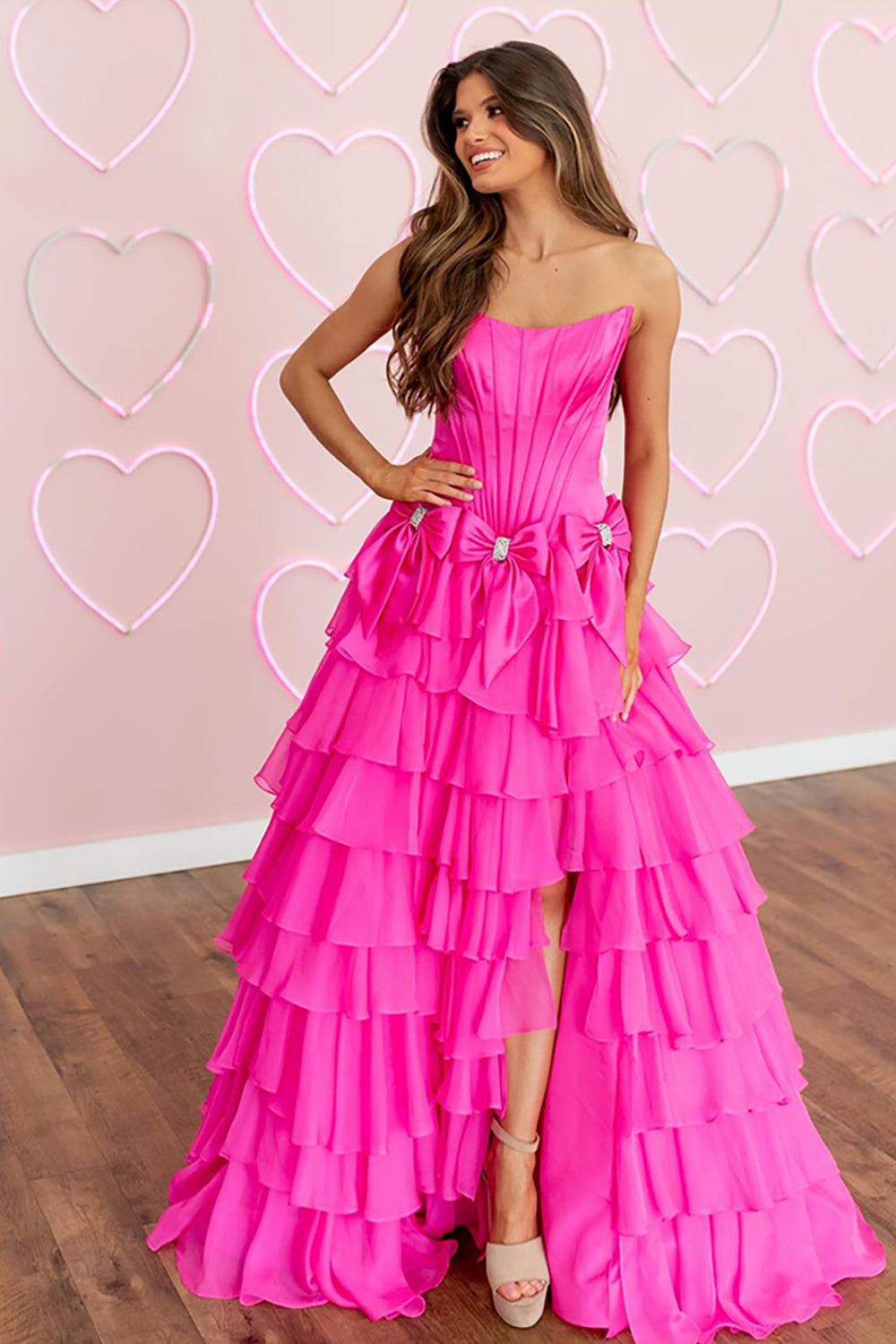 Fuchsia Strapless A-Line Ruffled Long Corset Prom Dress with Bows