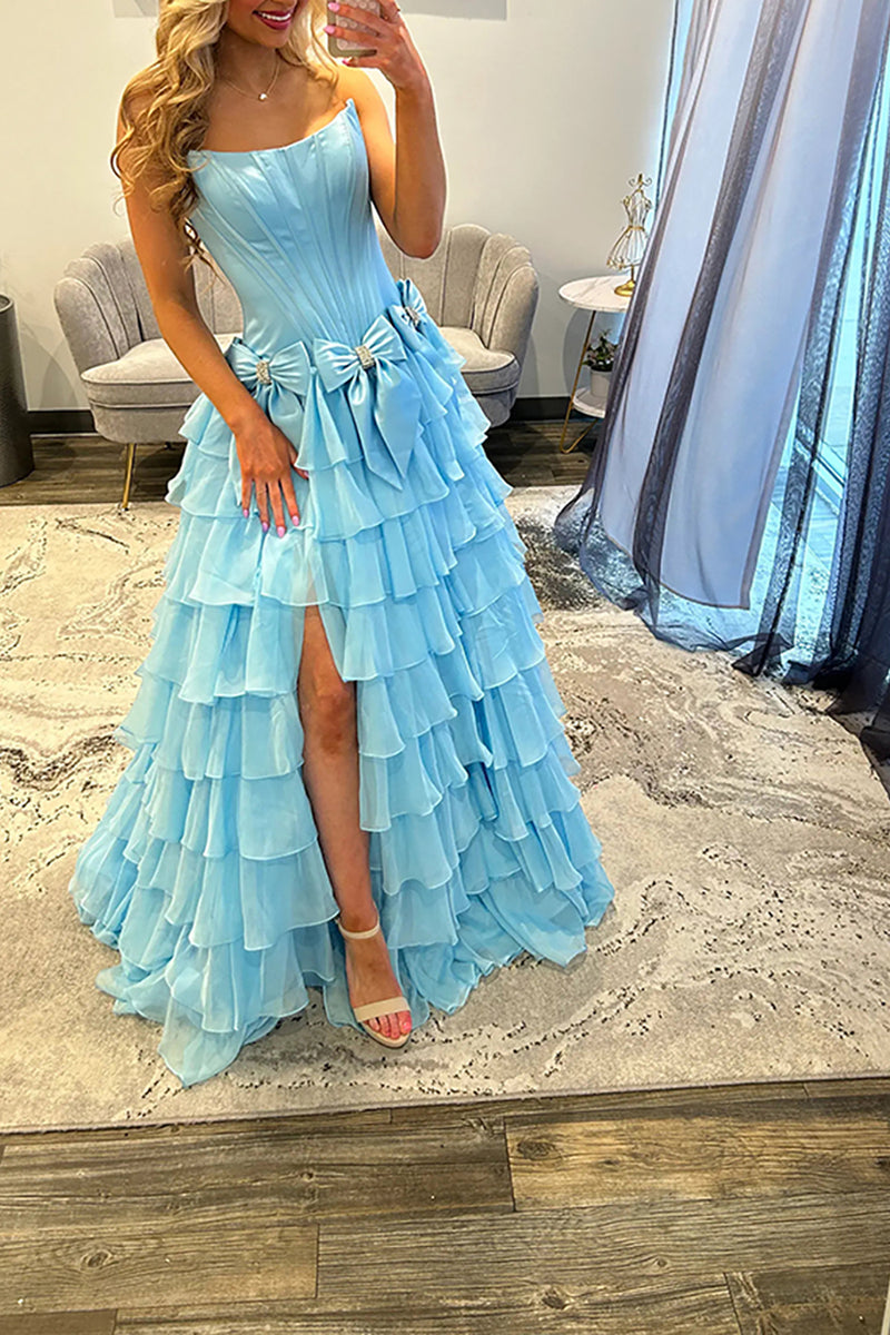 Load image into Gallery viewer, Fuchsia Strapless A-Line Ruffled Long Corset Prom Dress with Bows