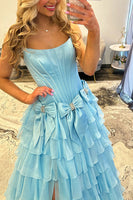 Load image into Gallery viewer, Fuchsia Strapless A-Line Ruffled Long Corset Prom Dress with Bows