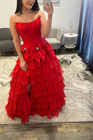 Load image into Gallery viewer, Fuchsia Strapless A-Line Ruffled Long Corset Prom Dress with Bows