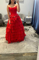 Load image into Gallery viewer, Fuchsia Strapless A-Line Ruffled Long Corset Prom Dress with Bows