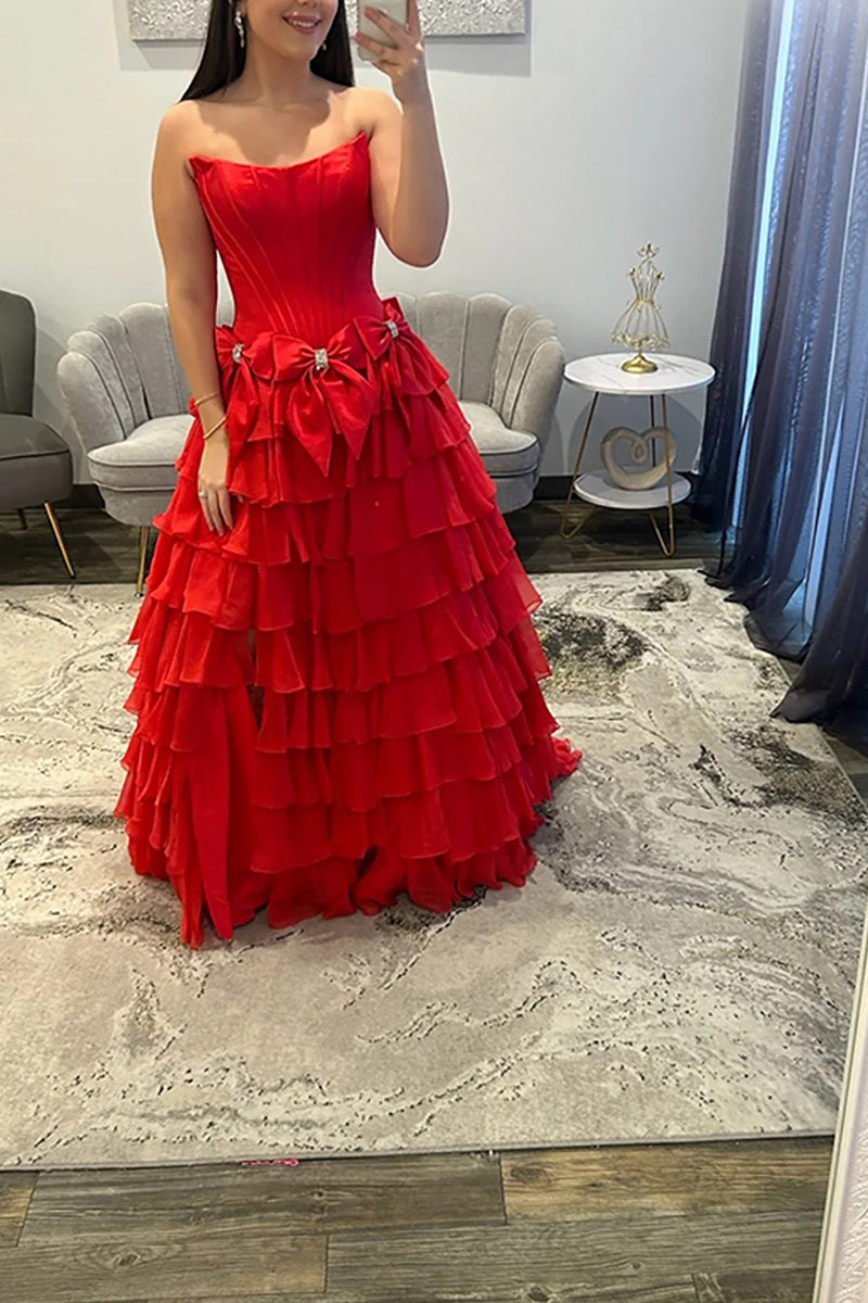 Load image into Gallery viewer, Fuchsia Strapless A-Line Ruffled Long Corset Prom Dress with Bows